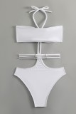Blanco sexy sólido vendaje patchwork backless trajes de baño (con rellenos)
