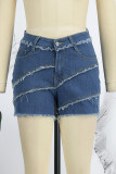 Blue Casual Solid Patchwork Mid Waist Skinny Denim Shorts