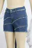 Short jeans skinny azul casual patchwork liso cintura média