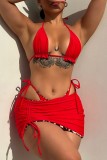 Red Sexy Print Leopard Bandage Backless Swimsuit Three Piece Set (With Paddings)