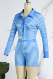 Sky Blue Casual Striped Print Patchwork Slit Shirt Collar Long Sleeve Two Pieces