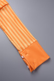 Oranje casual gestreepte print patchwork split overhemdkraag lange mouw tweedelig