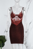 赤いセクシーなパッチワーク シースルー バックレス スパゲッティ ストラップ ラップ スカート ドレス
