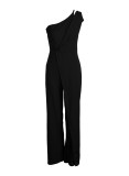 Black Fashion Casual Solid Patchwork Asymmetrical Collar Straight Jumpsuits