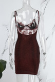 Burgundy Sexy Patchwork See-through Backless Spaghetti Strap Wrapped Skirt Dresses