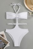 Blanco sexy sólido vendaje patchwork backless trajes de baño (con rellenos)