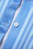 Небесно-голубой Повседневный полосатый принт Пэчворк Рубашка с разрезом Воротник с длинным рукавом Из двух частей