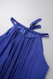 Tibetisch-blaues, lässiges, festes Frenulum-Plissee-langes Kleid mit O-Ausschnitt