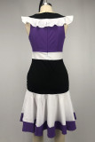 Purple Elegant Color Lump Flounce Contrast Zipper O Neck Wrapped Skirt Dresses