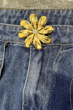 Marineblauwe Street Solid uitgeholde rechte jeans met hoge taille