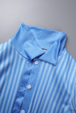 Hemelsblauw casual gestreepte print patchwork split overhemdkraag lange mouw tweedelig