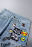 Short jeans skinny azul bebê casual patchwork patchwork cintura média