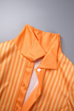 Orangefarbener, lässiger, gestreifter, Patchwork-Schlitz-Hemdkragen mit langen Ärmeln, Zweiteiler