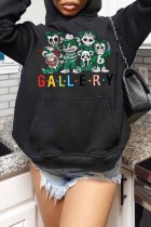 Black Casual Print Letter Hooded Collar Tops