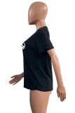 Zwarte casual print basic T-shirts met ronde hals