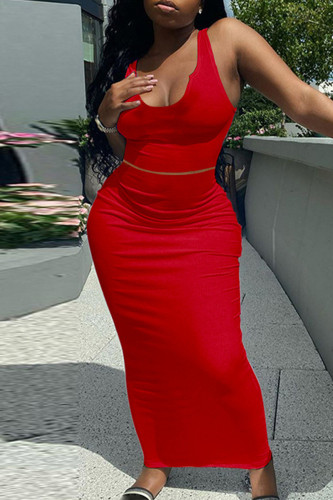 Red Casual Letter Solid Patchwork Backless U Neck Sleeveless Two Pieces