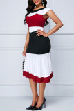 Red Elegant Color Lump Flounce Contrast Zipper O Neck Wrapped Skirt Dresses