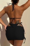 Черный сексуальный купальник с леопардовым принтом и открытой спиной, комплект из трех предметов (с подкладками)