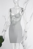 シルバー セクシー パッチワーク シースルー バックレス スパゲッティ ストラップ ラップ スカート ドレス