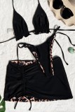 Schwarzer dreiteiliger rückenfreier Badeanzug mit sexy Print und Leoparden-Verband (mit Polsterung)