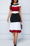Vestidos de saia enrolada com folho em contraste com decote em bico e cor vermelha elegante