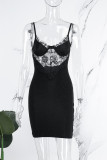 Vestidos de falda envueltos con correa de espagueti sin espalda transparente de patchwork sexy negro