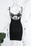 Robes de jupe enveloppées de bretelles spaghetti dos nu transparentes en patchwork sexy noires
