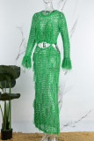Зеленые сексуальные сплошные выдолбленные прозрачные пляжные платья с круглым вырезом Платья