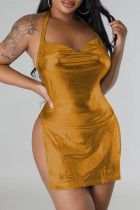 Золотое сексуальное однотонное платье без рукавов с открытой спиной и разрезом на шее без рукавов