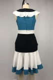 Blue Elegant Color Lump Flounce Contrast Zipper O Neck Wrapped Skirt Dresses