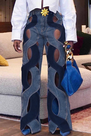 Navy Blue Street Solid Hollowed Out High Waist Straight Denim Jeans