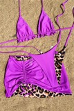 Фиолетовый сексуальный купальник с леопардовым принтом и открытой спиной, комплект из трех предметов (с прокладками)