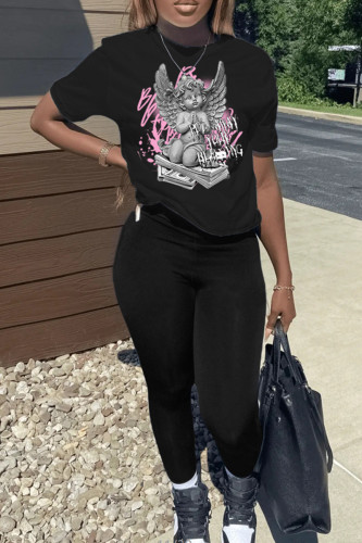 Black Casual Print Pullovers O Neck Short Sleeve Two Pieces