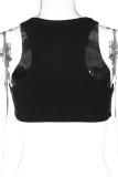 Black Casual Solid Hot Drill O Neck Tops