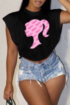 Black Street Print Letter O Neck Tops