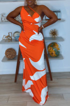 Orangefarbene, sexy, tägliche, elegante, schlichte Kleider mit gemischtem Druck und asymmetrischem Kragen