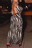 Vestidos de saia um decote casual estampa zebra sem costas
