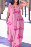 Rose Pink Sexy Casual Print Backless Spaghetti Strap Long Dress Dresses