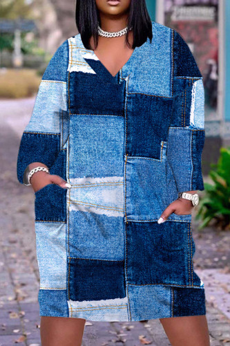 Blue Casual Print Basic V Neck Long Sleeve Dresses