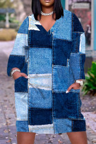 Vestidos de manga longa com decote em V básico estampa casual azul