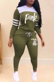 Army Green Casual Print Patchwork Letter Hooded Collar Long Sleeve Two Pieces