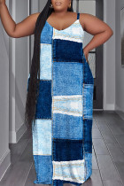 Vestido longo azul casual estampado com alça espaguete vestidos tamanho grande