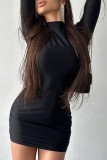 Vestidos de manga larga de cuello alto de cuello alto de patchwork sólido casual negro