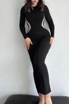 Vestidos de manga larga con cuello en O en contraste de patchwork casual negro