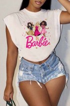White Street Character Print Letter O Neck Tops