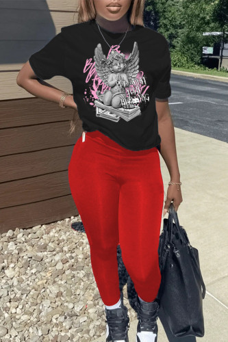 Black Red Casual Print Pullovers O Neck Short Sleeve Two Pieces