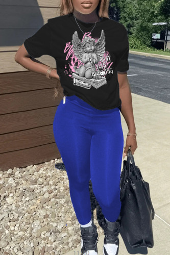 Blue Black Casual Print Pullovers O Neck Short Sleeve Two Pieces