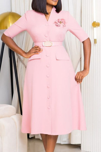 Rosa elegante solide Patchwork-Kleider mit Schnalle und V-Ausschnitt in A-Linie (mit Gürtel)