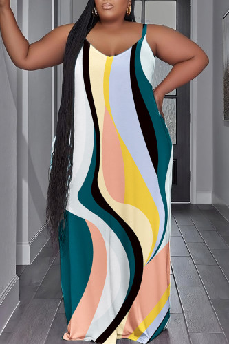 Multicolor Casual Print Backless Spaghetti Strap Long Dress Plus Size Dresses
