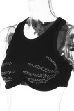 Black Casual Solid Hot Drill O Neck Tops
